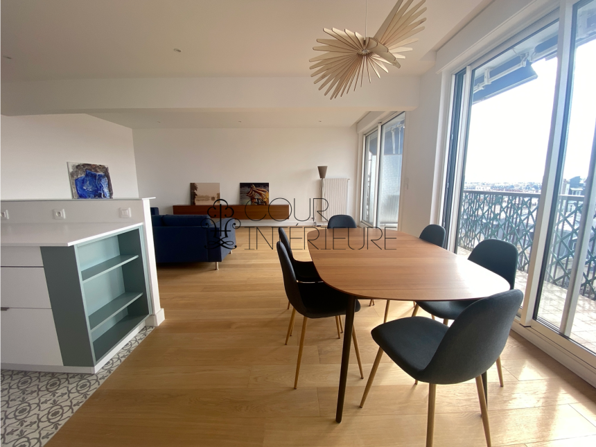 MEUBLÉ – 3 chambres – Paris 16ème – PASSY – 100 m2 – 9ème étage ascenseur + Balcon filant – VUE TOUR EIFFEL – Loyer charges comprises : 4.540 euros (poss. parking sous-sol en sus)