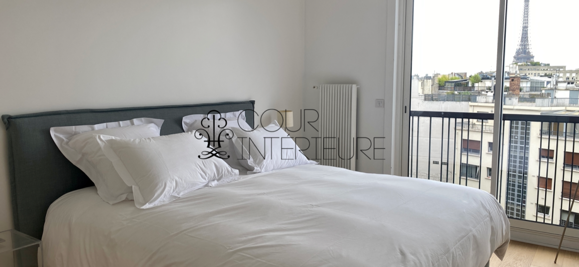 MEUBLÉ – 3 chambres – Paris 16ème – PASSY – 100 m2 – 9ème étage ascenseur + Balcon filant – VUE TOUR EIFFEL – Loyer charges comprises : 4.540 euros (poss. parking sous-sol en sus)