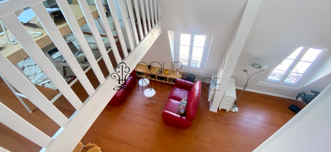 MEUBLÉ – Duplex de 2 CHAMBRES – PARIS 18ème – 74 m2 (89 m2 au sol) – Rue d’Orsel (Anvers – Montmartre) – 5ème et dernier étage avec ascenseur –  Loyer charges comprises : 2.500 euros + possibilité parking en sous-sol dans l’immeuble 150 euros