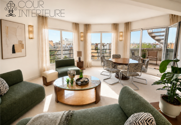MEUBLÉ par architecte – EXCEPTIONNEL – Immeuble TRÈS STANDING avec conciergerie 24h24- MEUBLÉ par ARCHITECTE – PASSY PLAZA – PARIS 16ème – 2 chambres – Duplex Toit Terrasse en dernier étage – 10ème et 9ème étage ascenseur – 76,30 m2 + Balcon 8 m2 + Toit terrasse  61 m2 – Vue 360° sur TOUR EIFFEL et tout Paris – Parking en sous-sol – Climatisation intégrée – Loyer charges comprises : 5.300 euros (parking en sous-sol compris)